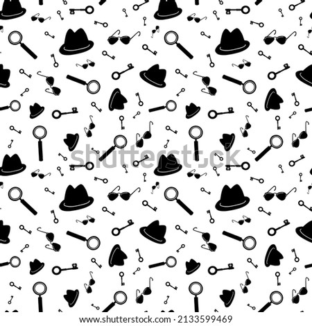 Detective, spy, mafia seamless pattern. Black items on white background. Monochrome illustration.