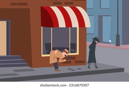 Detective or spy tracking footprints of mysterious person with magnifier, cartoon flat vector illustration. Crime investigation and espionage. Private detective following person in city.