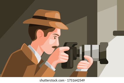 Detective spying hiding behind window and capture photo with digital camera in cartoon illustration vector