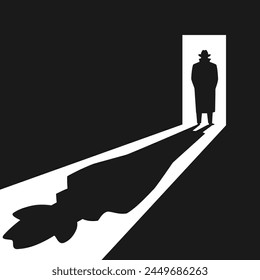 El detective está parado en la puerta abierta. Símbolo gráfico de detective o espía. Sombra en el suelo habitación oscura de la silueta de un hombre. Ilustración vectorial