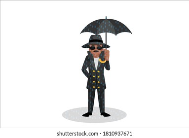 Detective is standing in rain with an umbrella. Vector graphic illustration. Individually on white background.
