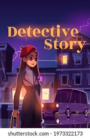 Detective story cartoon poster, young woman on night rainy street in town with car going along illuminated road with glow windows, water puddles and flash lightning in dark sky, vector illustration