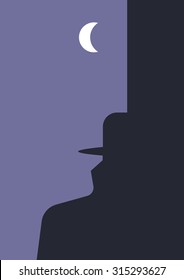 Detective story. Human head and man in a hat and raincoat silhouettes created using negative and positive space. Suitable for book covers, posters, flyers etc.