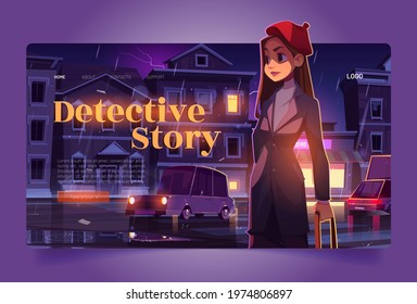 Detective story tour banner with woman sleuth. Travel agency website with cartoon night city street and girl spy. Vector landing page of journey with criminal investigation story
