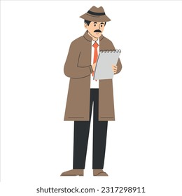 Detective take notes on a notepad vector isolated. Male character in coat, private detective. Crime investigation. Spy with a notepad.