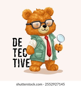 Detective Oso de peluche con lupa y texto "Detective", Ilustración vectorial