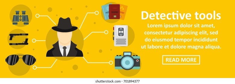Detective tools banner horizontal concept. Flat illustration of detective tools banner horizontal vector concept for web