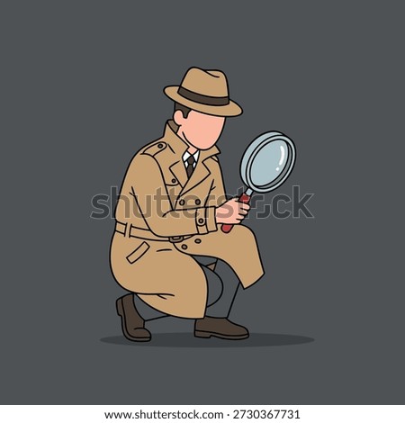 A detective in a trench coat and fedora, crouching and examining clues with a magnifying glass, symbolizing investigation and problem-solving.