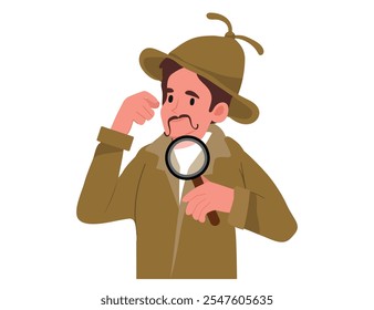 detective, vector illustration in cartoon style of a man in a trench coat holding a magnifying glass.