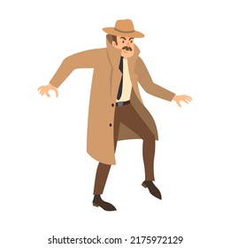 Detective Vector Illustration. Character In Coat And Hat, Investigator Or Inspector Solving Mystery Isolated On White