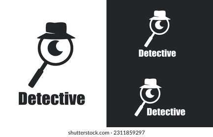 Detective vector logo, combination of magnifier, eye, hat and Crescent moon. black and white color. Minimalist, Smbolist, elegant, and mainfull design. Good for agency, company, business, etc.