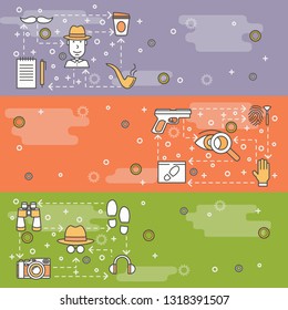 Detective vector web banner template set. Private investigator, camera, binoculars, gun, tobacco pipe, hat, glove, shoe prints, fingerprints, magnifying glass headphones etc. thin line art flat icons