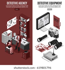 Detektive vertikale Banner-Set von isometrischen Bildzusammensetzungen mit Untersuchungsbüro-Interieur und Hardware-Ausrüstung, Vektorgrafik