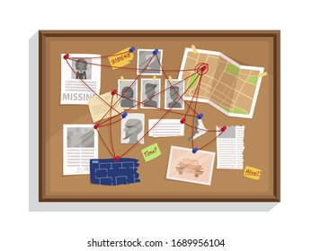 Detective wall board, wits and deduction system. Crime and criminal evidence. Vector flat style cartoon illustration isolated on white background