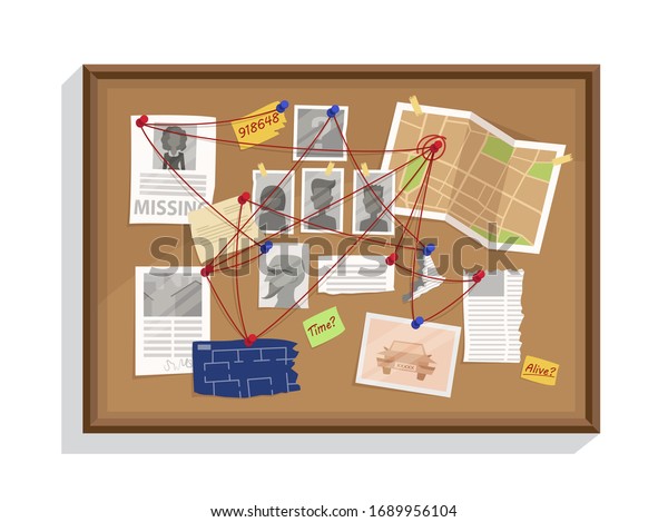 Detective wall board, wits and deduction\
system. Crime and criminal evidence. Vector flat style cartoon\
illustration isolated on white\
background