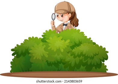 Detective wearing brown overcoat behind the bushes illustration