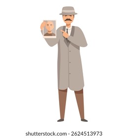 Detective wearing trench coat and hat is holding photo of suspect and pointing at it with finger