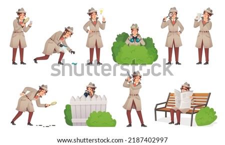Detective woman. Cartoon sleuth mystery girl female inspector with magnifying glass look secret agent character police surveillance detectice vector illustration. Woman detective and investigation Сток-фото © 