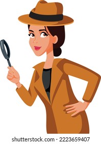 Detective Woman Holding a Magnifying Glass Suche nach Beweismitteln. Weibliche Inspektoren beobachten und analysieren Anhaltspunkte für die Lösung eines Falles