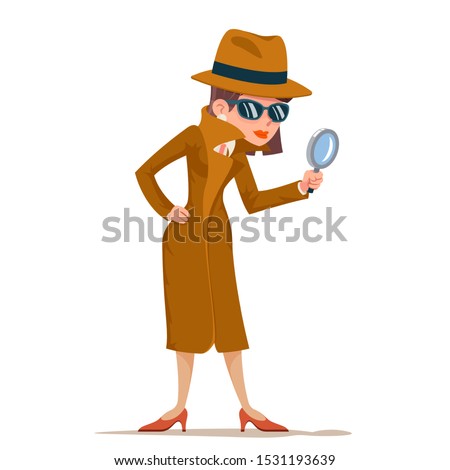 Detective woman snoop magnifying glass tec search help noir cartoon female cartoon character isolated design vector illustration Сток-фото © 