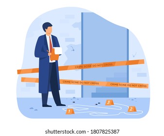 Detective working at crime scene, taking notes, finding evidence at dead body white contour. Vector illustration for investigation, police inspector, murder concept