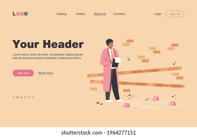 Detective working at crime scene, taking notes, finding evidence at dead body white contour. Vector illustration for investigation, police inspector, murder concept
