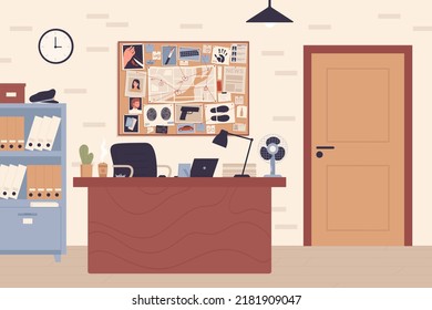 Detective Workplace In Police Office Vector Illustration. Cartoon Homicide Department Room Interior With Investigation Board, Investigators Laptop On Table, Chair And Bookcase With Safe Background