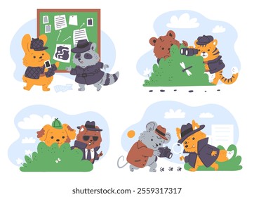 Detectives animals characters vector set. Dog and bear hide peek behind the bushes. Mouse and fox with photo camera search the footprint. Cartoon funny hare and raccoon spy agents crime investigating