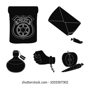 The detective's badge, the handcuff on the criminal's hand, the stump of the finger in the bag, the flask with the poison. Crime and detective set collection icons in black style vector symbol stock