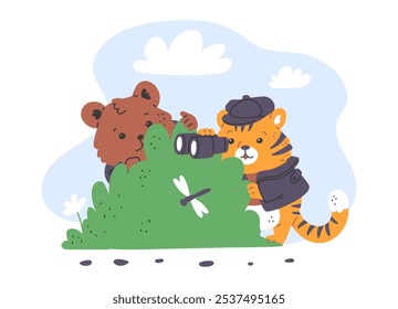 Detectives bear and tiger with looking through binoculars, hide and peek behind the bushes. Cartoon funny animals vector characters, spy agents crime investigating