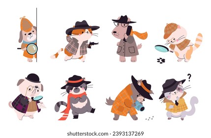 Detectives characters. Cats and dogs investigating, funny detective cartoon characters. Looking magnifying glass and search evidence, nowaday vector set