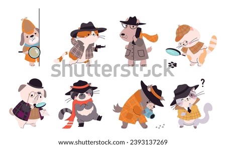 Detectives characters. Cats and dogs investigating, funny detective cartoon characters. Looking magnifying glass and search evidence, nowaday vector set