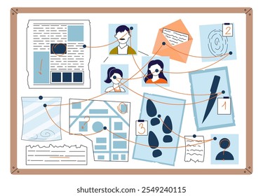 Detectives junta de evidencia. Fotos de personas, huellas y mapa. Investigación policial y búsqueda de criminales. Departamento de policía. Ilustración vectorial lineal aislada sobre fondo blanco