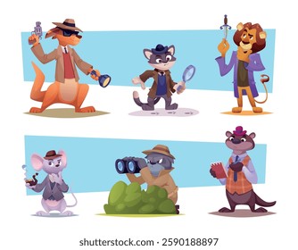 Detectives. Funny animals in action poses searching evidence exact vector cats and dogs detectives