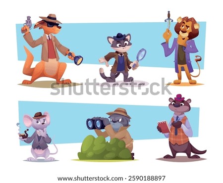 Detectives. Funny animals in action poses searching evidence exact vector cats and dogs detectives