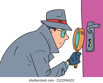 Detectives Magnifying glass peeping through the keyhole of the door. a private detective, a man in a coat, hat and glasses