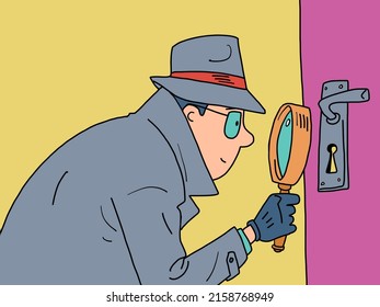 Detectives Magnifying glass peeping through the keyhole of the door. a private detective, a man in a coat, hat and glasses