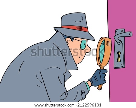 Detectives Magnifying glass peeping through the keyhole of the door. a private detective, a man in a coat, hat and glasses