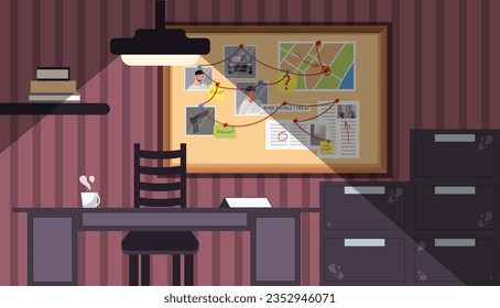 Detectives office concept. Investigation and analysis of evidence. Interior of policemans room. Lamp near board with information and table with cup of hot drink. Cartoon flat vector illustration