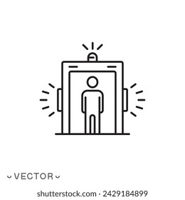 detector metal icon, security check, frisking man, thin line symbol isolated on white background, editable stroke eps 10 vector illustration