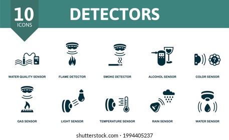 Detectors icon set. Contains editable icons sensor theme such as water quality sensor, smoke detector, color sensor and more.