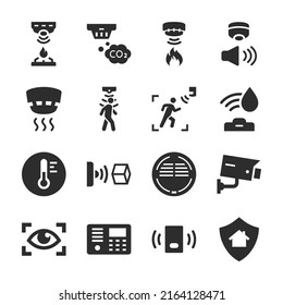 Detectors and sensors icons set. Security. Smoke, fire, water , motion sensor. Monochrome black and white icon.