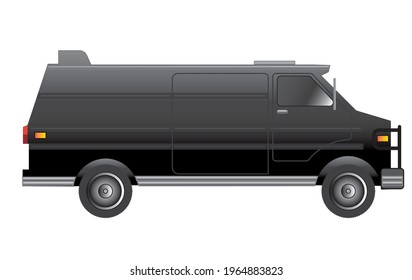 deteiled flat style vector illustration of a 1980's classic black van, side view with copy space