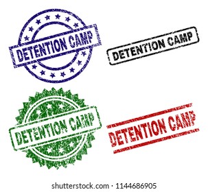 DETENTION CAMP seal stamps with corroded texture. Black, green,red,blue vector rubber prints of DETENTION CAMP text with dust texture. Rubber seals with round, rectangle, medallion shapes.