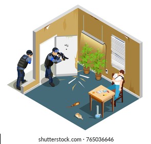 Detention Of Drug Addict By Police With Gun During Injection Isometric Composition With Interior Elements Vector Illustration