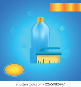 detergent advert with brush and bubbles in flat style. vector advertising banner with soap bottle and brush on blue background