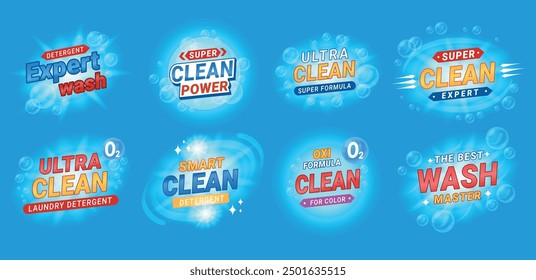 Detergent badge laundry cleaning service liquid soap ultra wash design template set isometric vector illustration. Washing new smart formula branding advertising cleanup with bubble gloss