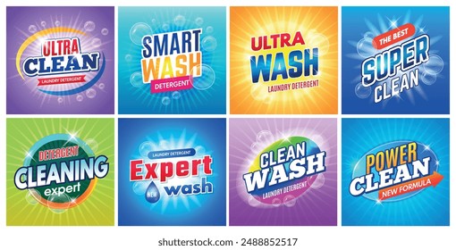 Detergent badges. Laundry washing packages logo templates recent vector laundry product identity