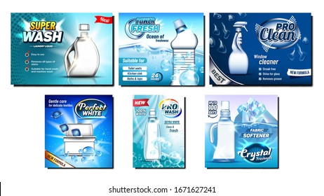 Detergent, Bleach Advertising Banners Set Vector. Different Bottle And Atomizer Spray, Container And Box For Cleaning Substance, Iceberg And Soap Bubbles. Concept Template Realistic 3d Illustrations