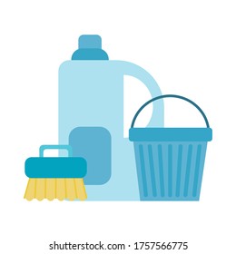 detergent bottle bucket and brush design, Cleaning service wash home hygiene equipment domestic interior housework and housekeeping theme Vector illustration